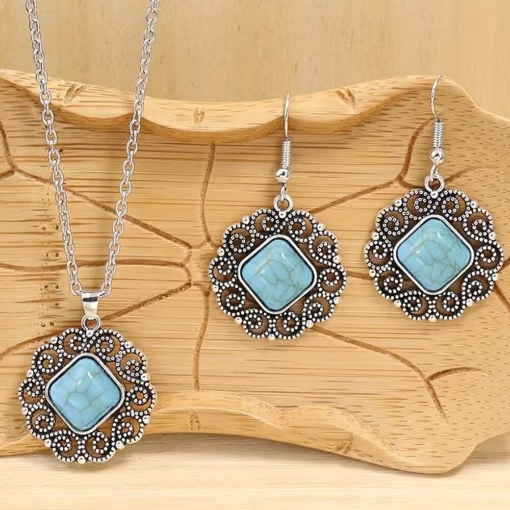 3pcs Bohemian Hollow-Out Synthetic Turquoise Earrings and Necklace Set Z187